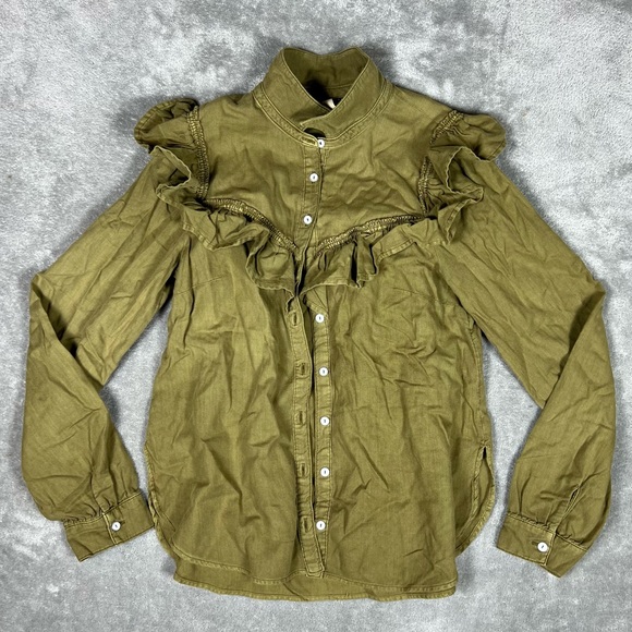 Anthropologie Blouse Womens Medium Pilcro Green Ruffle Button Down Western - Picture 5 of 10